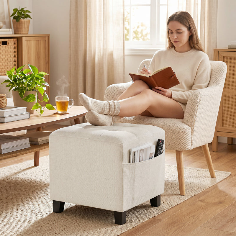 Storage Footstool with Side Pocket for Small Spaces and Extra Comfort
