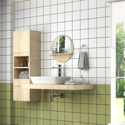 Round Wall Mirror with Built In Shelf for Bathroom or Hallway Display Natural Wood Effect