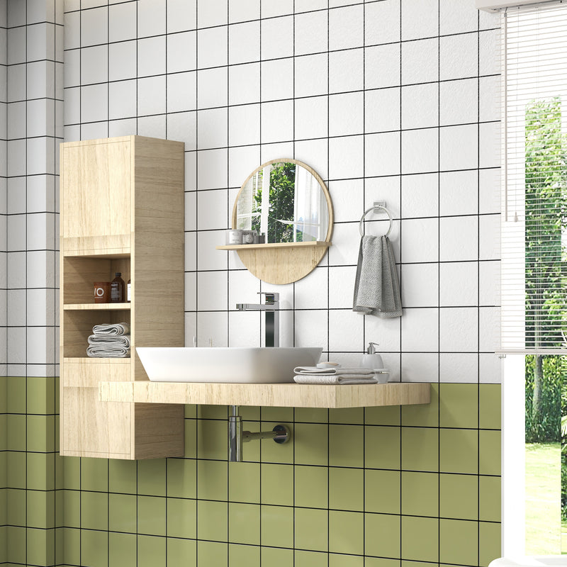 Round Wall Mirror with Built In Shelf for Bathroom or Hallway Display Natural Wood Effect