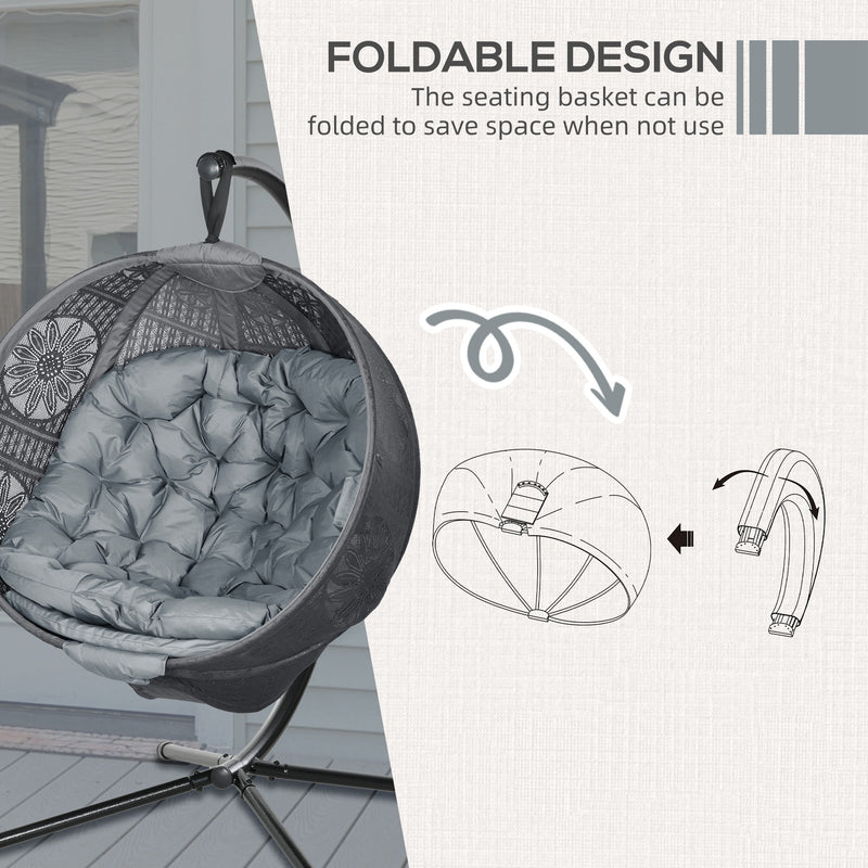 Charcoal Grey Round Egg Basket Chair with Steel Stand and Comfy Cushions by Outsunny