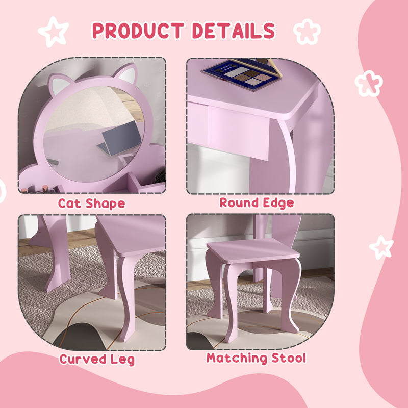 Kids Vanity Table with Mirror Stool and Storage Ideal for Ages 3 to 6 Years, Pink
