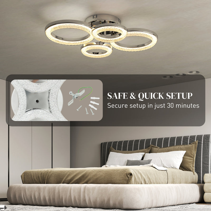 Modern LED Ceiling Light with 4 Ring Design and Adjustable Colour for Living Room Silver Tone AOSOM