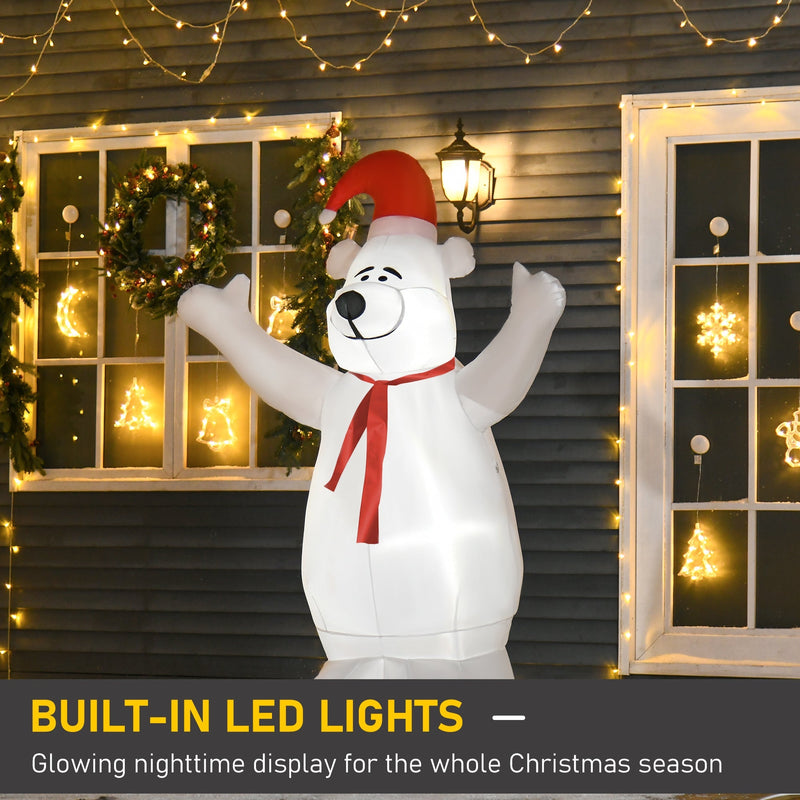 Inflatable bear by a lit window with built-in LED lights label