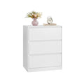 White 3 drawer chest of drawers with a vase and clock on top