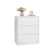 White 3 drawer chest of drawers with a vase and clock on top