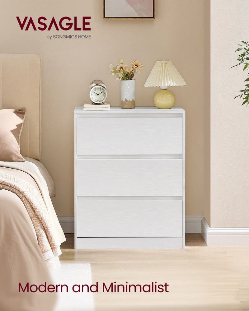 White KAILYN chest of drawers used as a bedside table in a modern bedroom