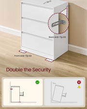 Diagram showing the front and back anti-tip kit fixing the chest to the wall