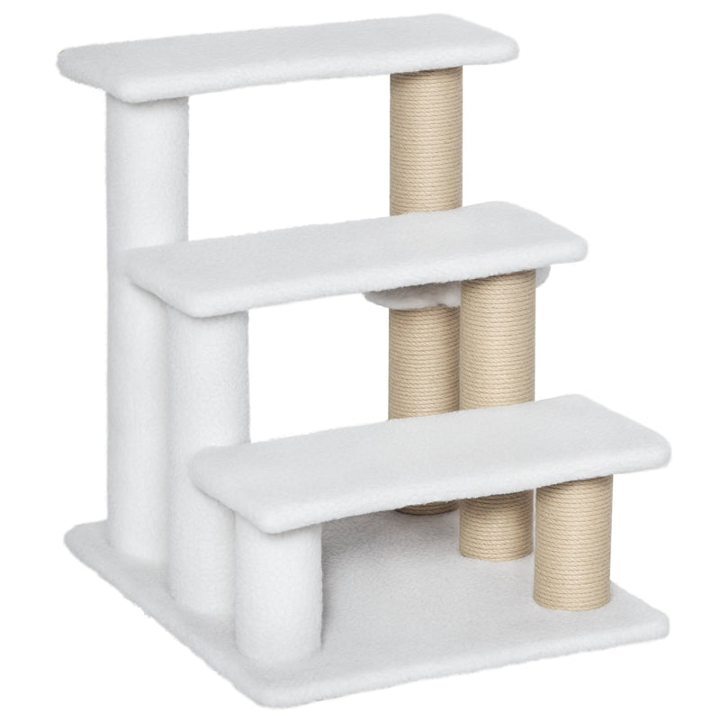 White 3-step cat stairs with jute scratching posts shown from the other side on a white background