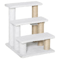 White 3-step plush cat stairs with jute scratching posts on a white background