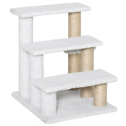 White 3-step plush cat stairs with jute scratching posts on a white background