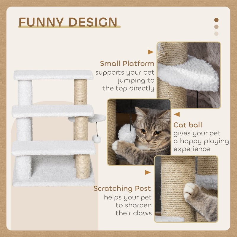 Design panel with callouts for the small platform, cat ball and scratching post on the cat stairs