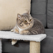 Close-up of a tabby cat lying on the top plush step of the stairs