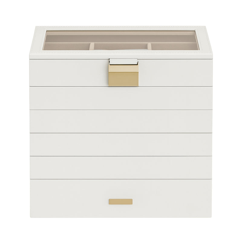 White 6-tier stackable jewellery box with glass lid, front view - Songmics