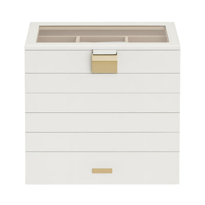 White 6-tier stackable jewellery box with glass lid, front view - Songmics
