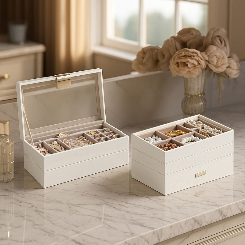 White jewellery organiser box styled on a bedroom dresser