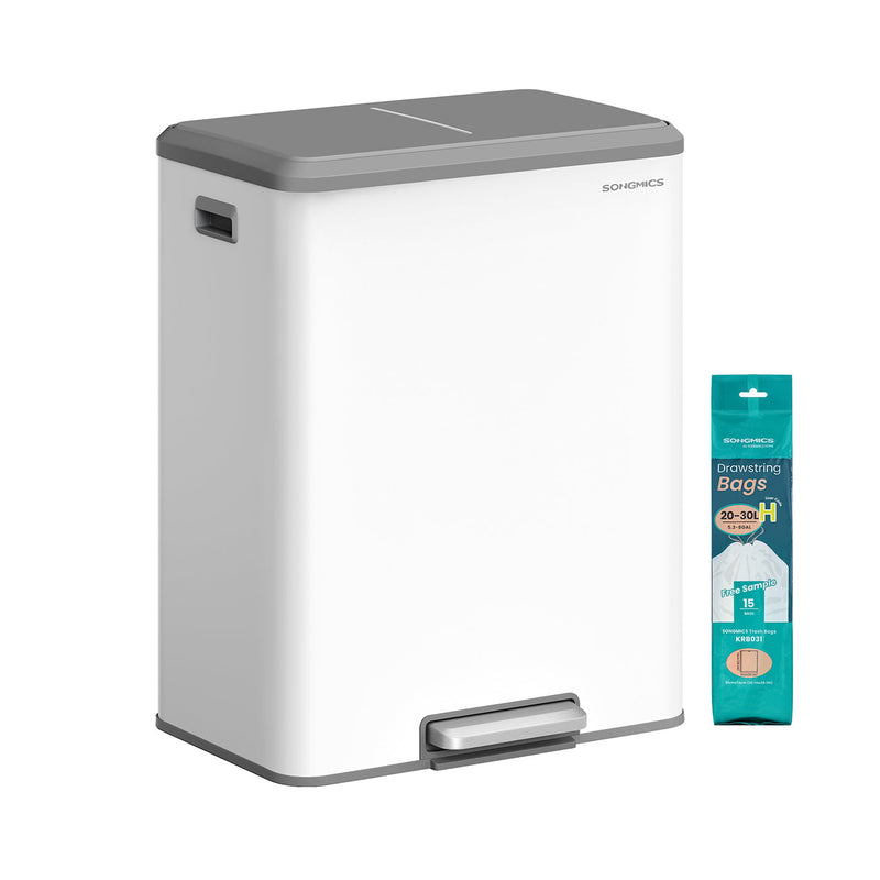 White dual compartment pedal kitchen bin with grey lid beside a pack of bin bags