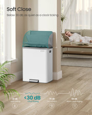 White pedal bin with soft-close lid in a quiet living space, noise scale under 30 dB