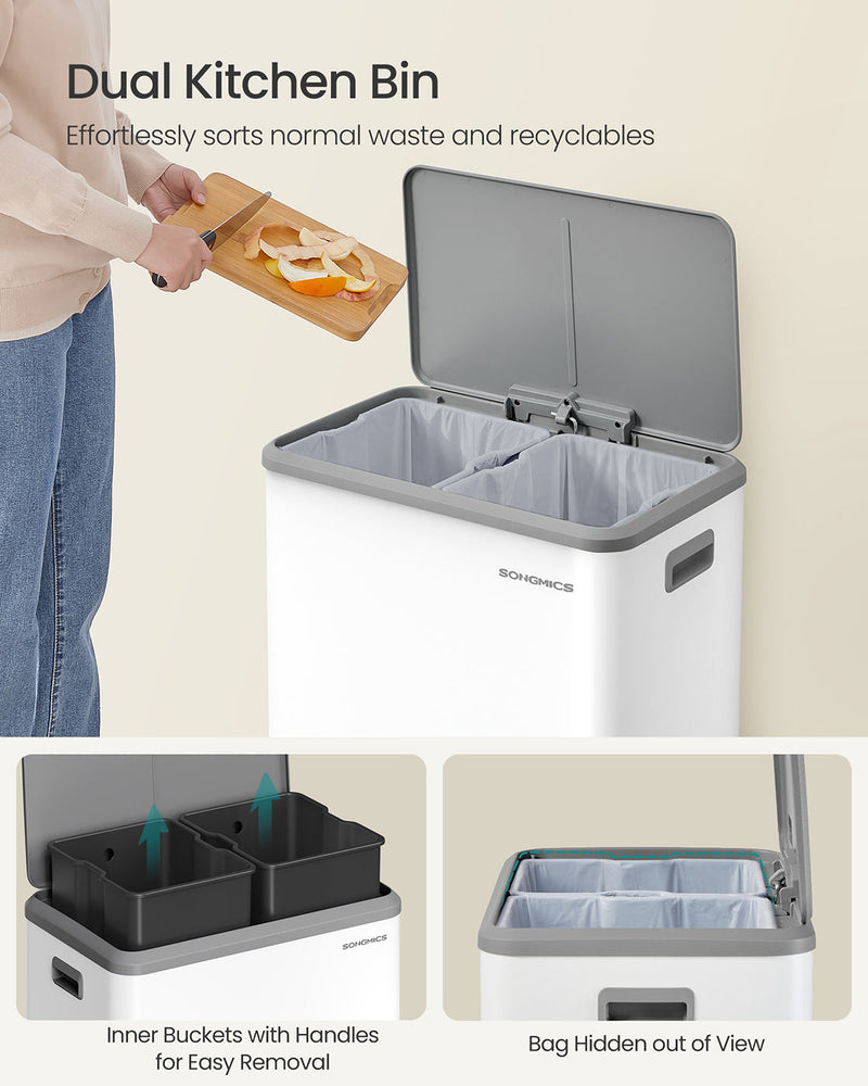 Person sorting kitchen waste into the dual bin, with inner buckets lifted out and bag hidden under the rim