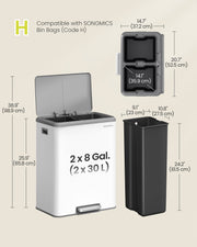 Dimensions diagram of the white 2 x 30 L bin showing heights, bucket sizes and top view
