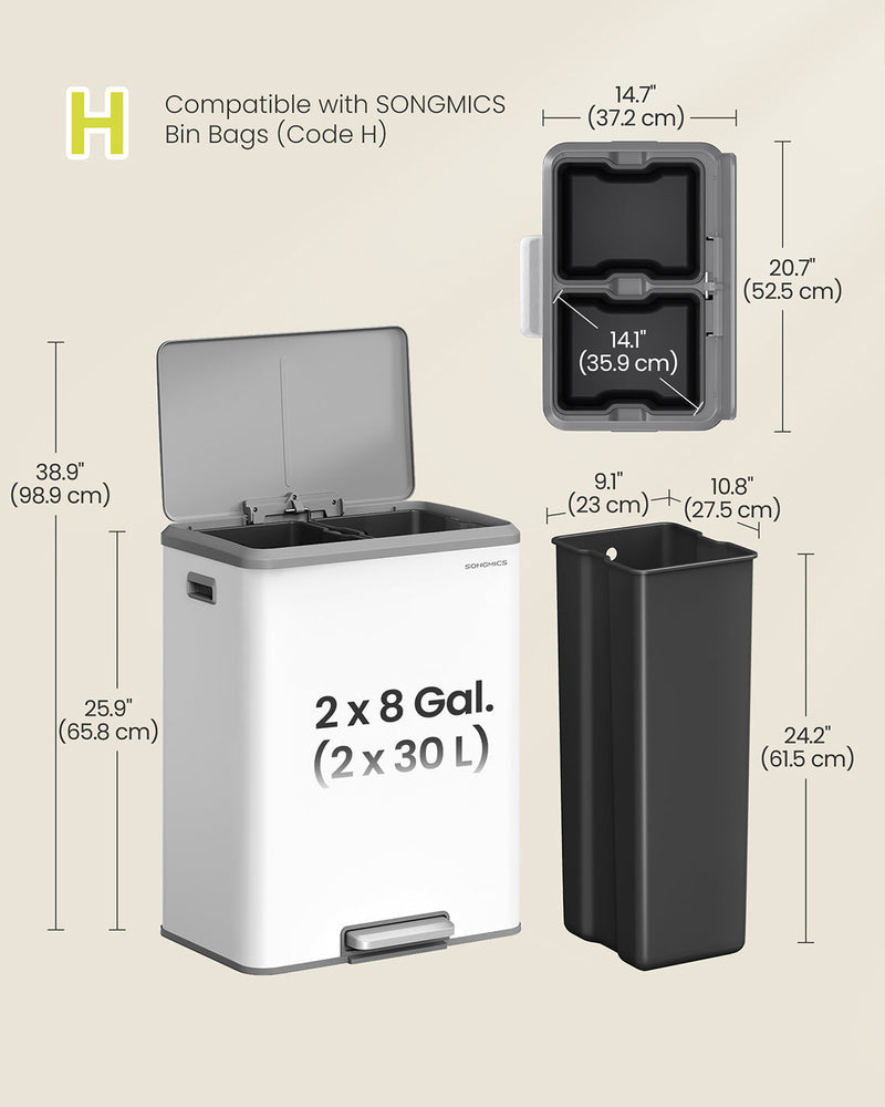 Dimensions diagram of the white 2 x 30 L bin showing heights, bucket sizes and top view