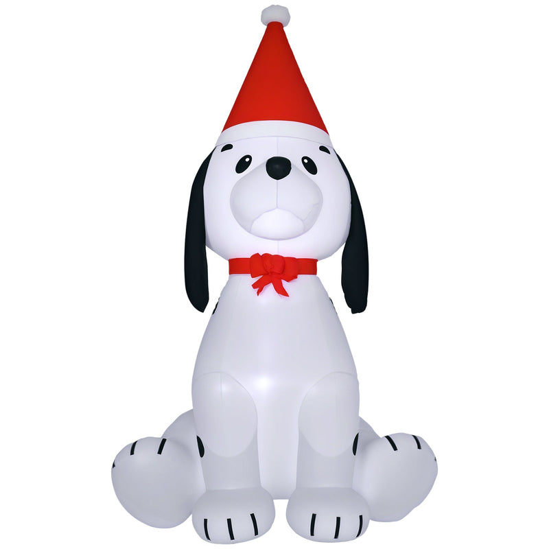 White inflatable puppy dog with black ears, a red Santa hat and a red bow on a white background