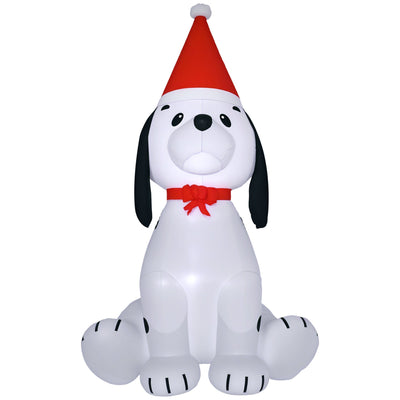 White inflatable puppy dog with black ears, a red Santa hat and a red bow on a white background