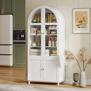 Pantry cabinet in a kitchen with cups, tins and baskets on its shelves