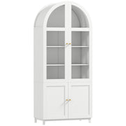 White arched tall pantry cabinet with acrylic upper doors and solid lower doors on a plain background