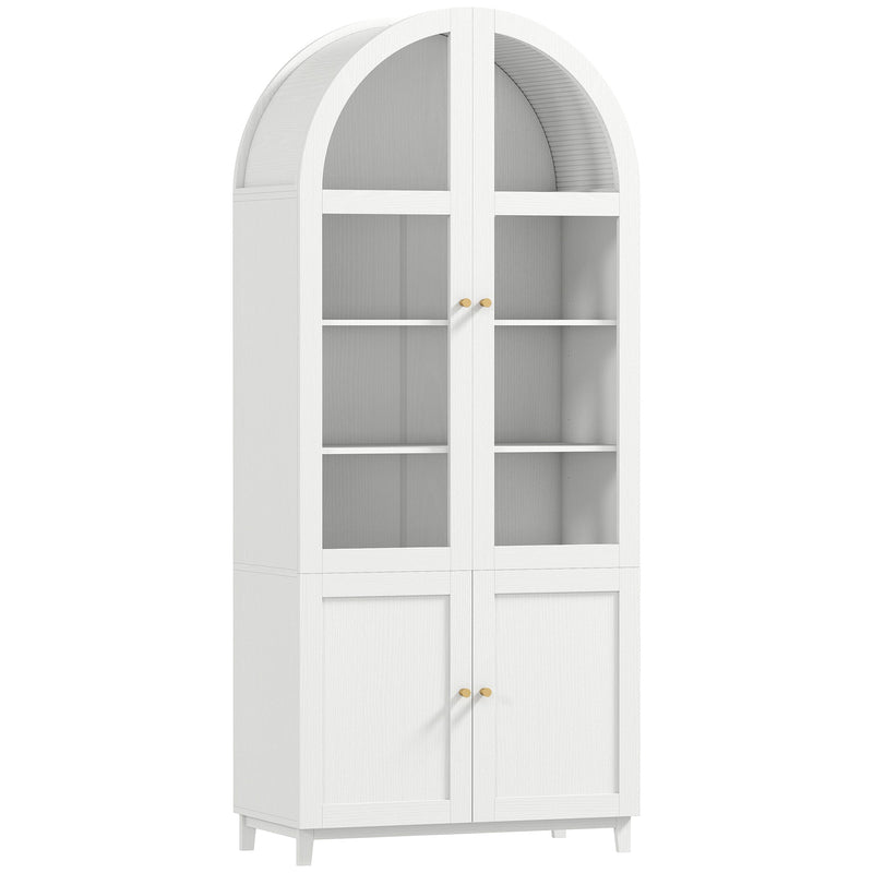 White arched tall pantry cabinet with acrylic upper doors and solid lower doors on a plain background