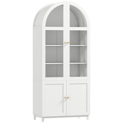 White arched tall pantry cabinet with acrylic upper doors and solid lower doors on a plain background