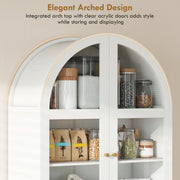 Close-up of the arched top and clear acrylic doors with stored jars and packets