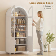 Woman opening a pantry cabinet door beside text noting 2 cabinets and 6 shelves