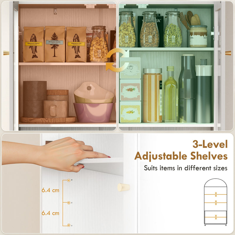 Close-up of 3-level adjustable shelves holding bottles, jars and packets