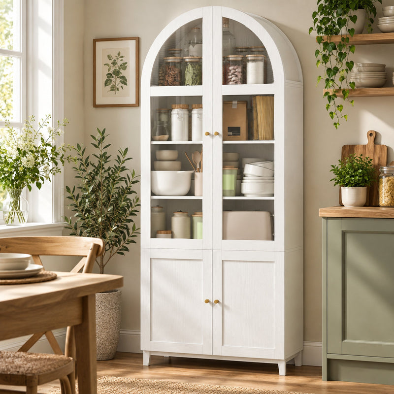 Pantry cabinet in a dining room beside a wooden table