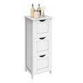 Studio shot of the white 3 drawer bathroom floor cabinet with toiletries on top
