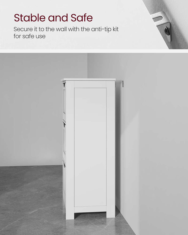 Anti-tip wall bracket shown with the cabinet placed against a wall