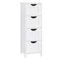 Angled studio shot of the white 4 drawer bathroom floor cabinet