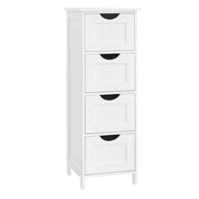 Angled studio shot of the white 4 drawer bathroom floor cabinet