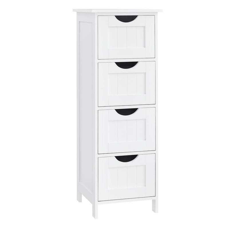 Angled studio shot of the white 4 drawer bathroom floor cabinet
