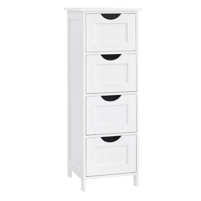 Angled studio shot of the white 4 drawer bathroom floor cabinet