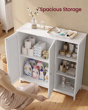 Open cabinet doors showing toilet rolls, laundry bottles and toiletries stored on the shelves