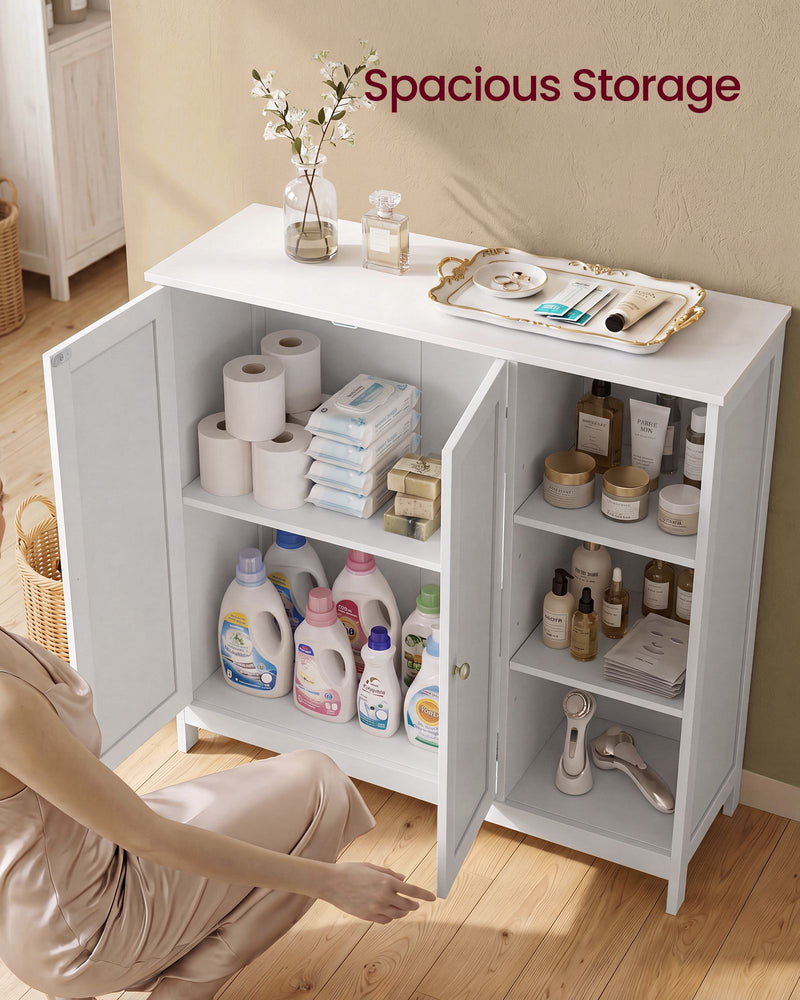 Open cabinet doors showing toilet rolls, laundry bottles and toiletries stored on the shelves
