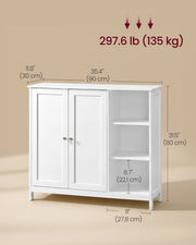 Dimensions diagram of the white cabinet: 90 cm wide, 30 cm deep, 80 cm high, with 135 kg maximum load