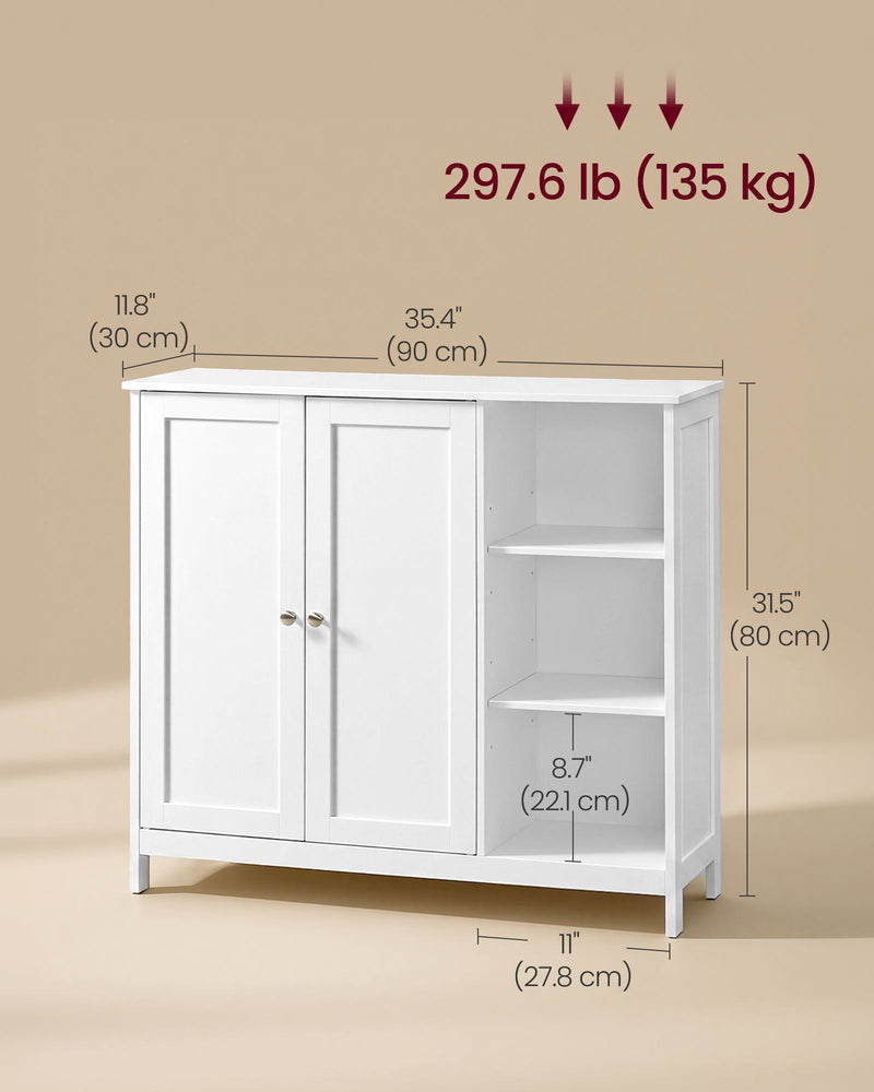 Dimensions diagram of the white cabinet: 90 cm wide, 30 cm deep, 80 cm high, with 135 kg maximum load