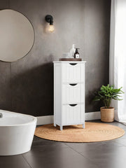 Vasagle white freestanding bathroom cabinet with 3 drawers on a plain background