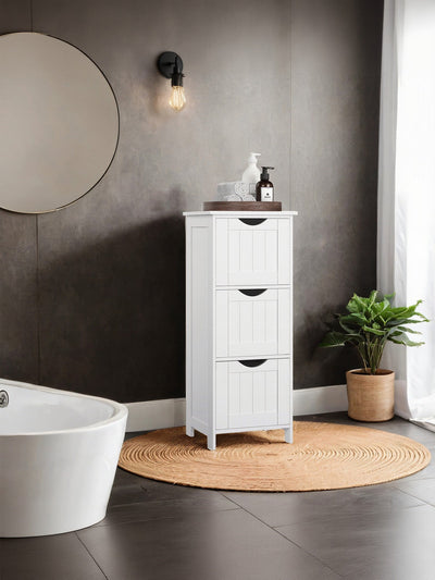 Vasagle white freestanding bathroom cabinet with 3 drawers on a plain background