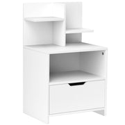 White bedside table with a drawer, open compartment and shelves on a white background