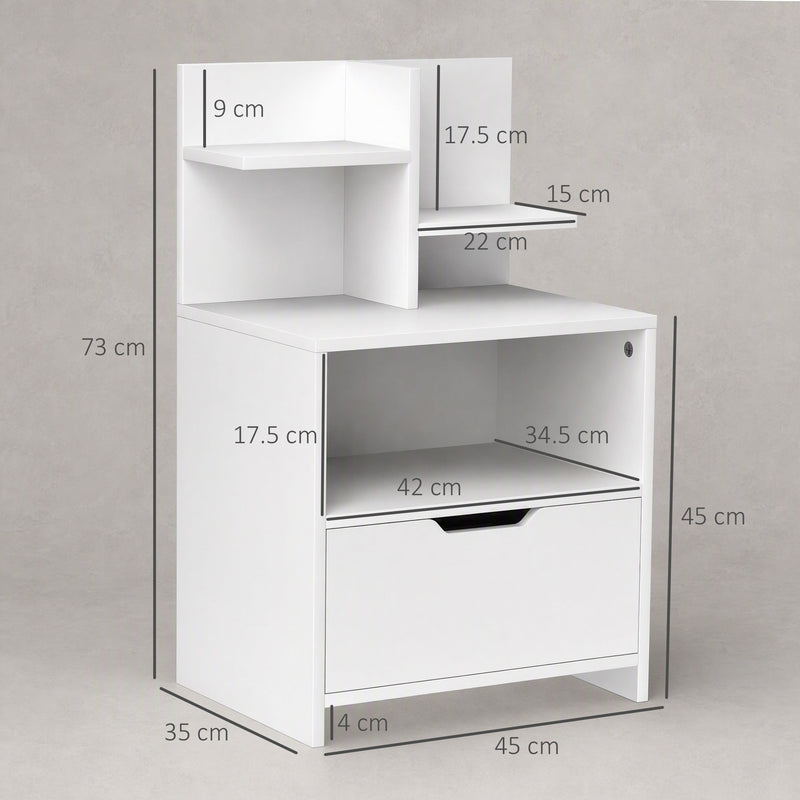 Bedside table dimensions diagram showing 45 cm wide, 35 cm deep and 73 cm high
