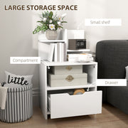 Bedside table storage callouts pointing to the small shelf, compartment and drawer
