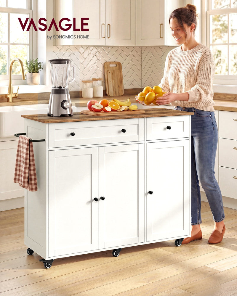 Woman preparing fruit at the white kitchen island trolley with a brown worktop